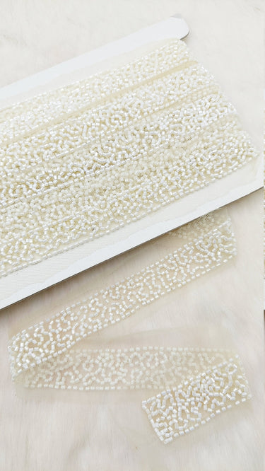 White Wedding Net Bridal Trim In White Beaded Embroidery, Hand Embroidered Bead Lace, Embroidered Lace